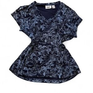 Vintage Chico's Travelers Navy Slinky Tropical Shirt‎